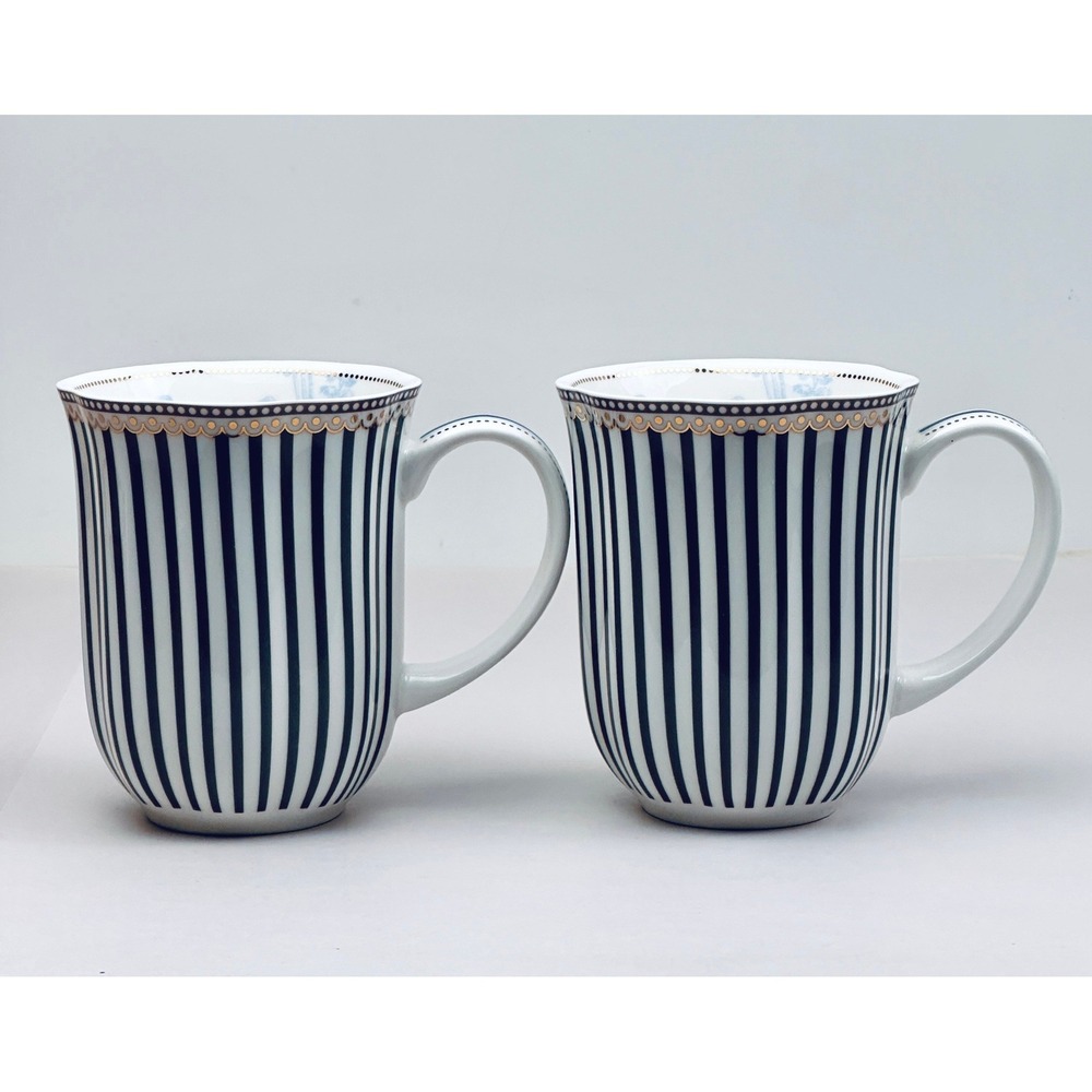 Grace's Teaware Black Striped Mugs‎ w/ Gold Accents Coffee Tea Set of 2